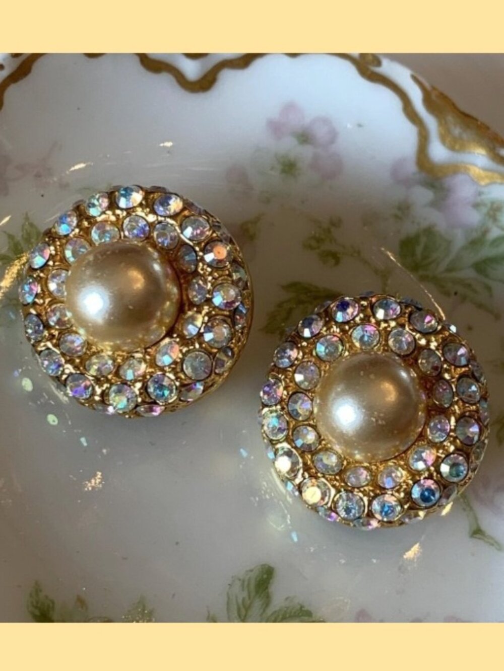 Joan Rivers Pearls Surrounded by Aurora Borealis Stones Clip on Earrings